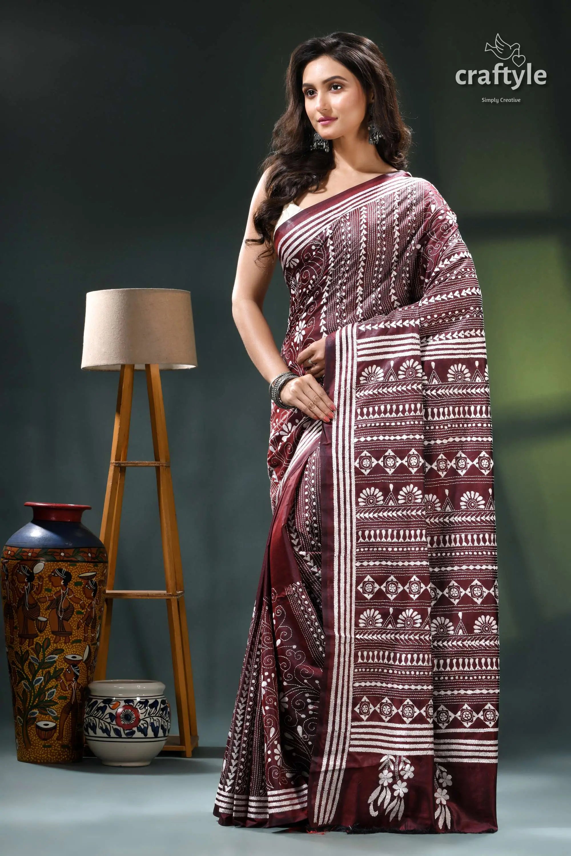 Livid brown white thread work handmade silk kantha saree maroon white saree intricate batik 3