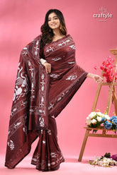 Livid brown white thread work kantha silk saree maroon saree white printed designs 3