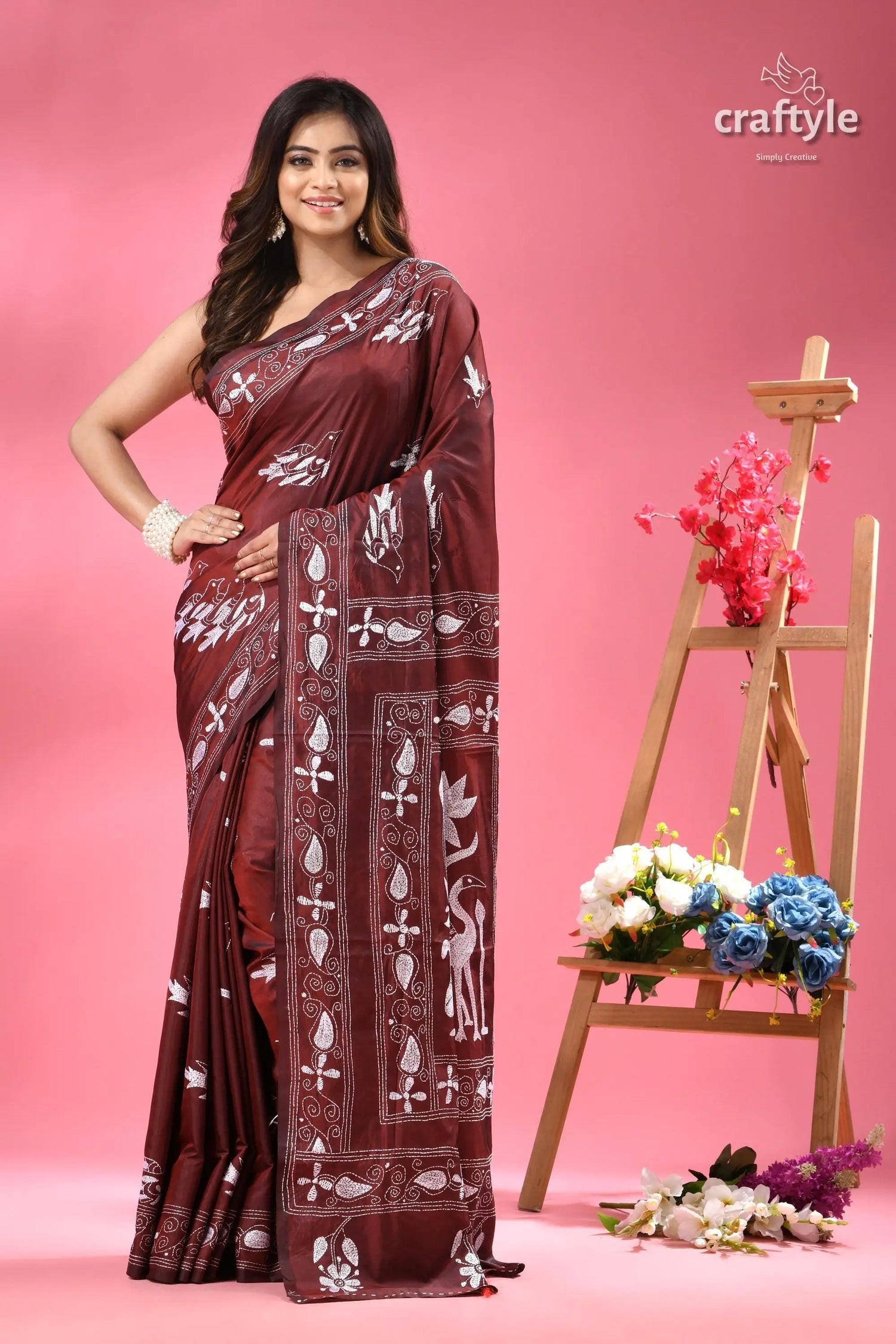 Livid brown white thread work kantha silk saree woman maroon saree intricate white 6