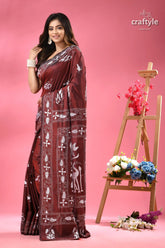 Livid brown white thread work kantha silk saree maroon saree intricate white light 4