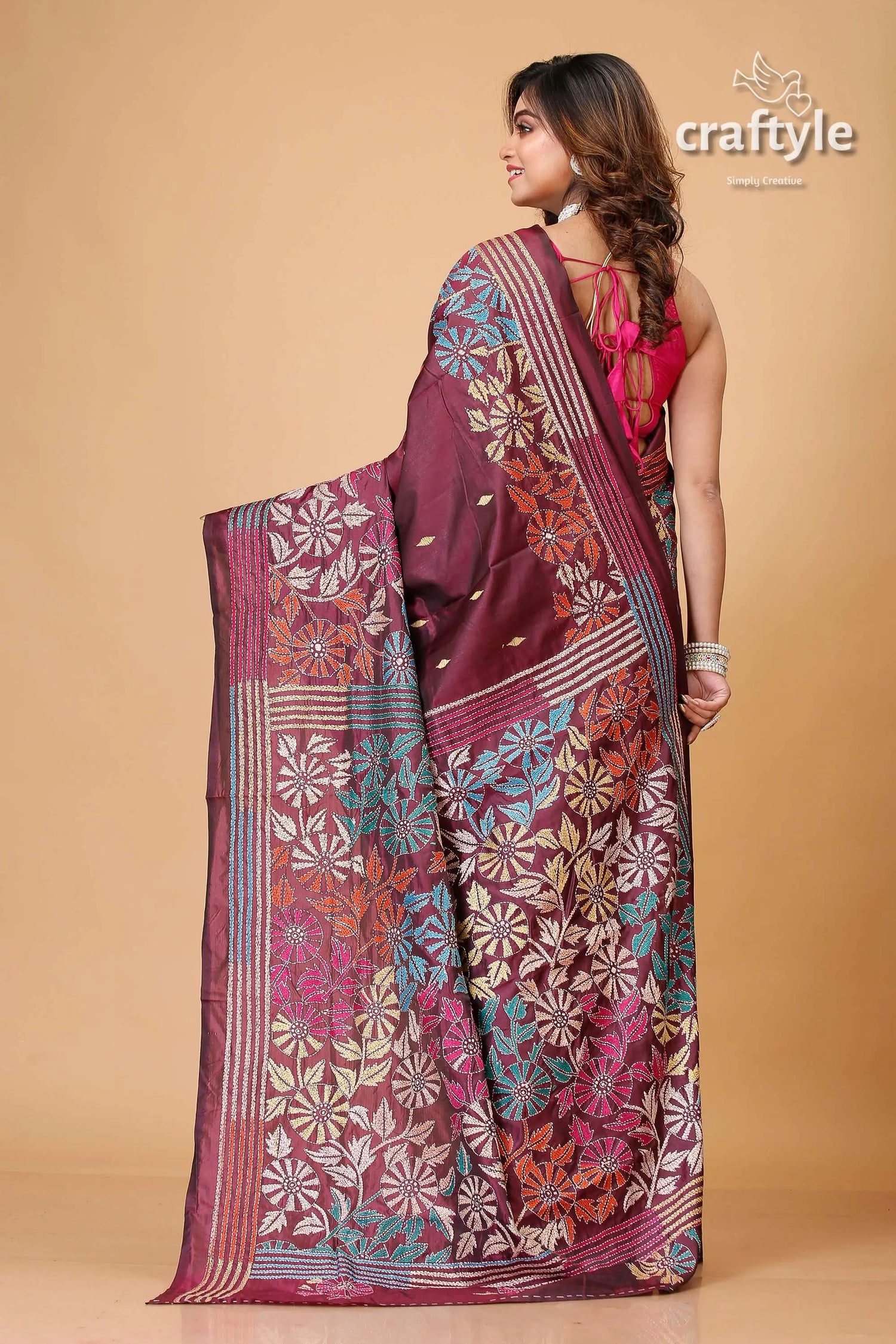 Livid purple multicolor kantha stitched silk saree maroon floral embroidered saree 5