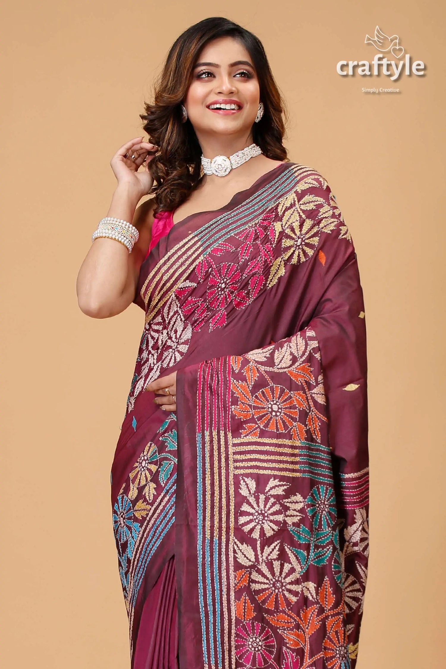 Livid purple multicolor kantha stitched silk saree maroon saree floral embroidery 2