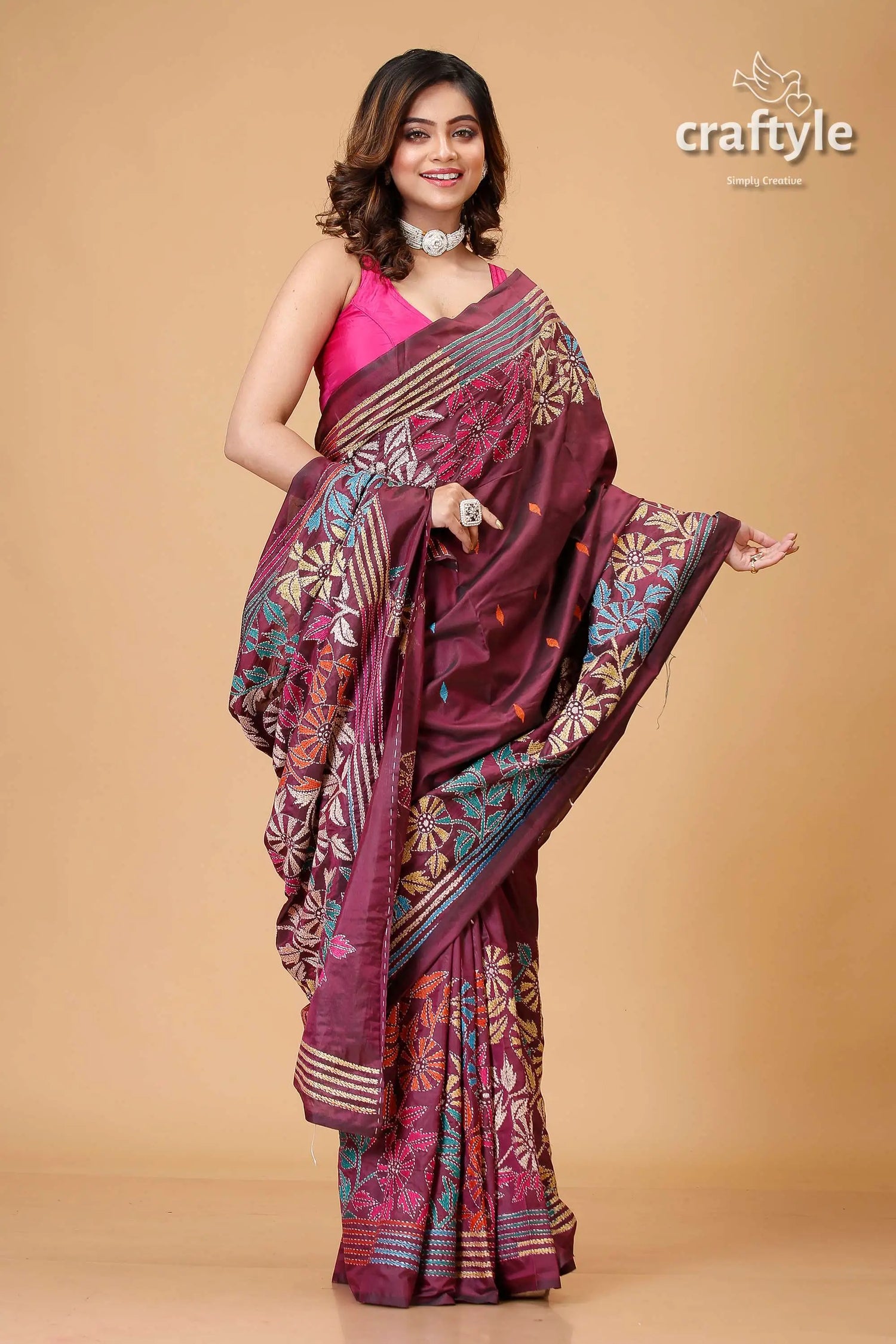 Livid purple multicolor kantha stitched silk saree maroon saree floral embroidery 4