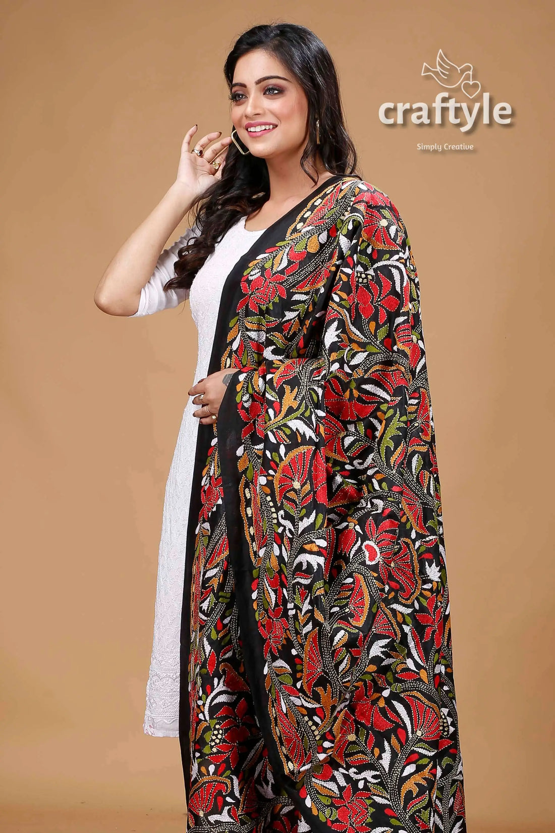 Lotus Motif Black Pure Bangalore Silk Kantha Work Shawl - Craftyle