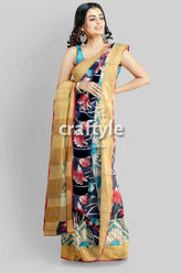 Lotus motif hand painted kalamkari saree - zari border pure tussar floral-patterned saree gold border 3