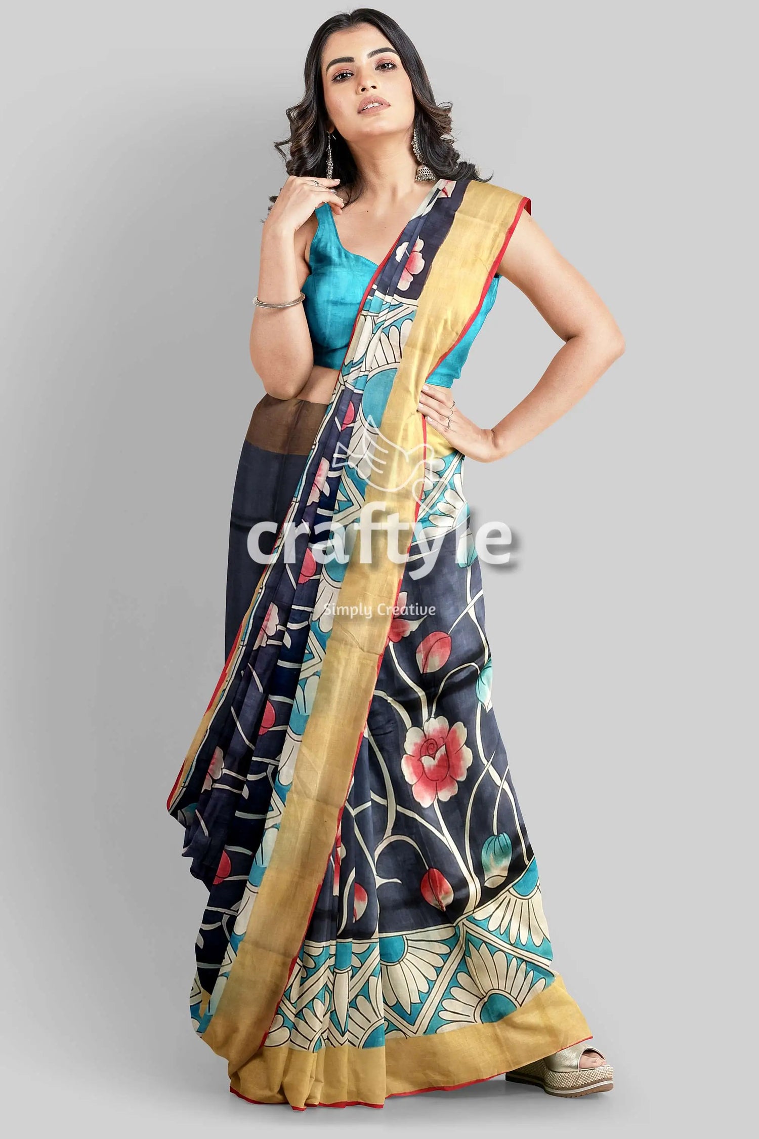 Lotus motif hand painted kalamkari saree - zari border pure tussar woman floral-patterned saree 5
