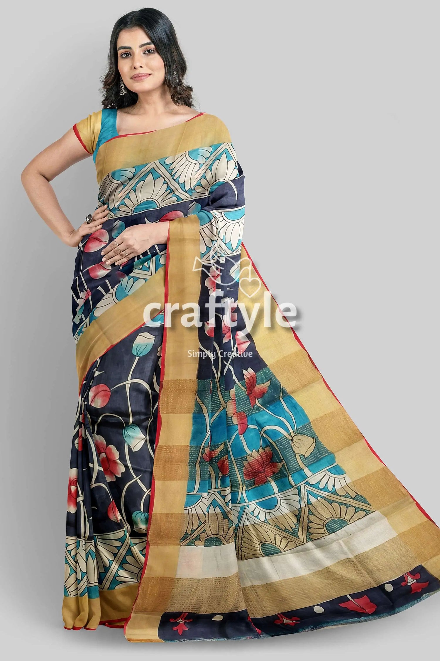 Lotus motif hand painted kalamkari saree - zari border pure tussar floral-patterned saree gold border 1