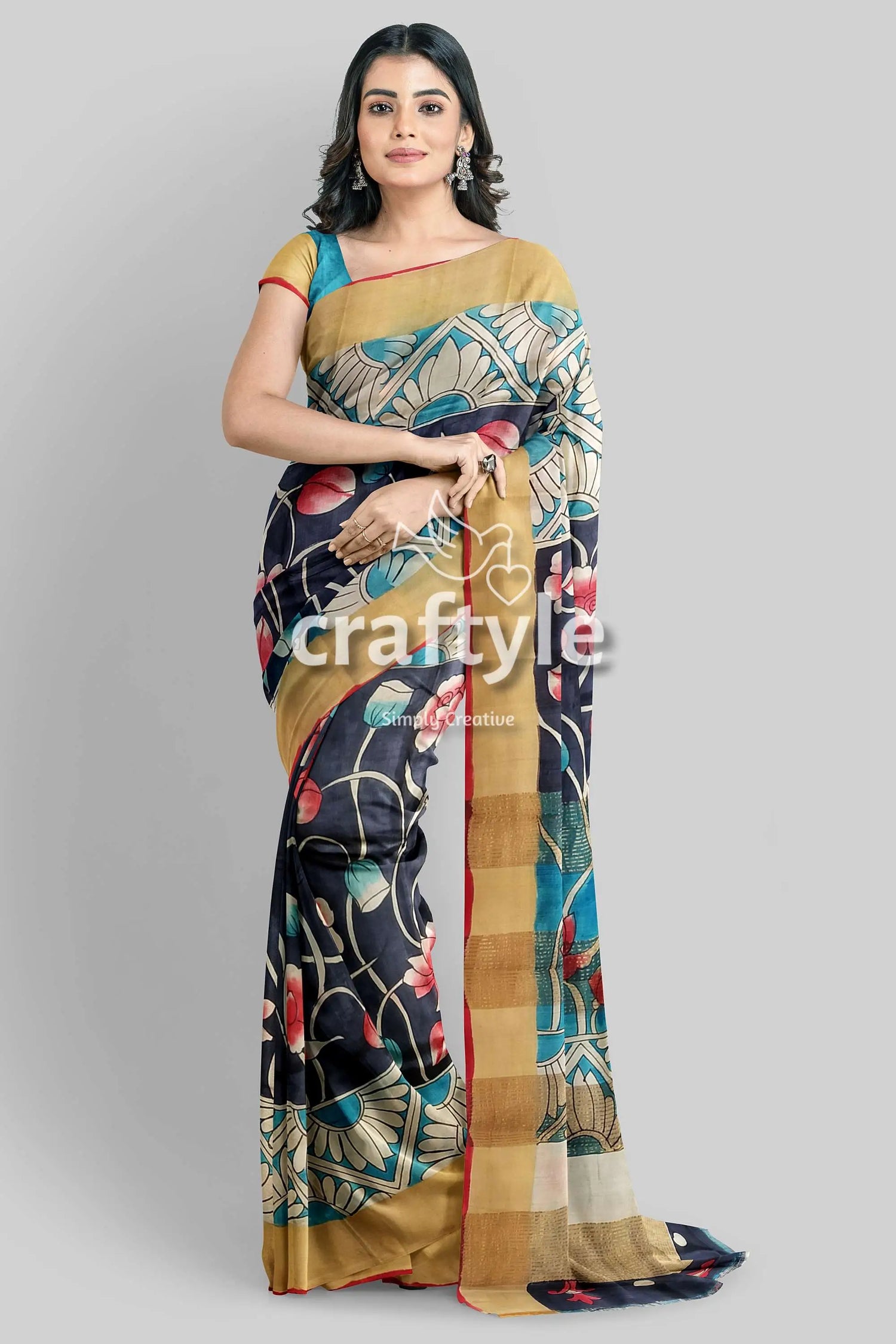 Lotus motif hand painted kalamkari saree - zari border pure tussar woman floral-patterned saree 2
