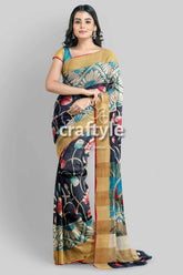 Lotus motif hand painted kalamkari saree - zari border pure tussar woman floral-patterned saree 2