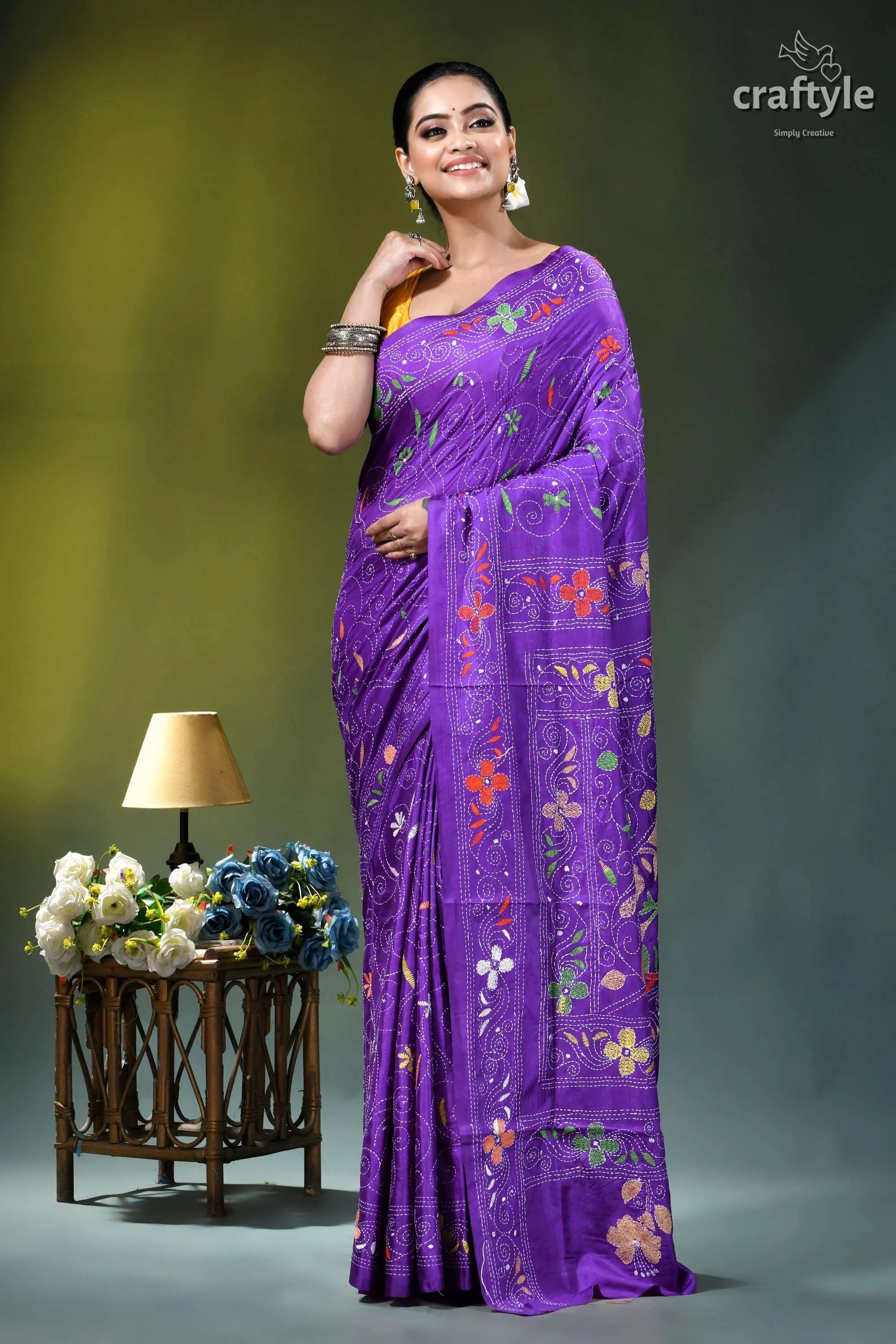 Lovely purple floral motif handcrafted silk kantha stitch saree vibrant purple saree adorned intricate 6