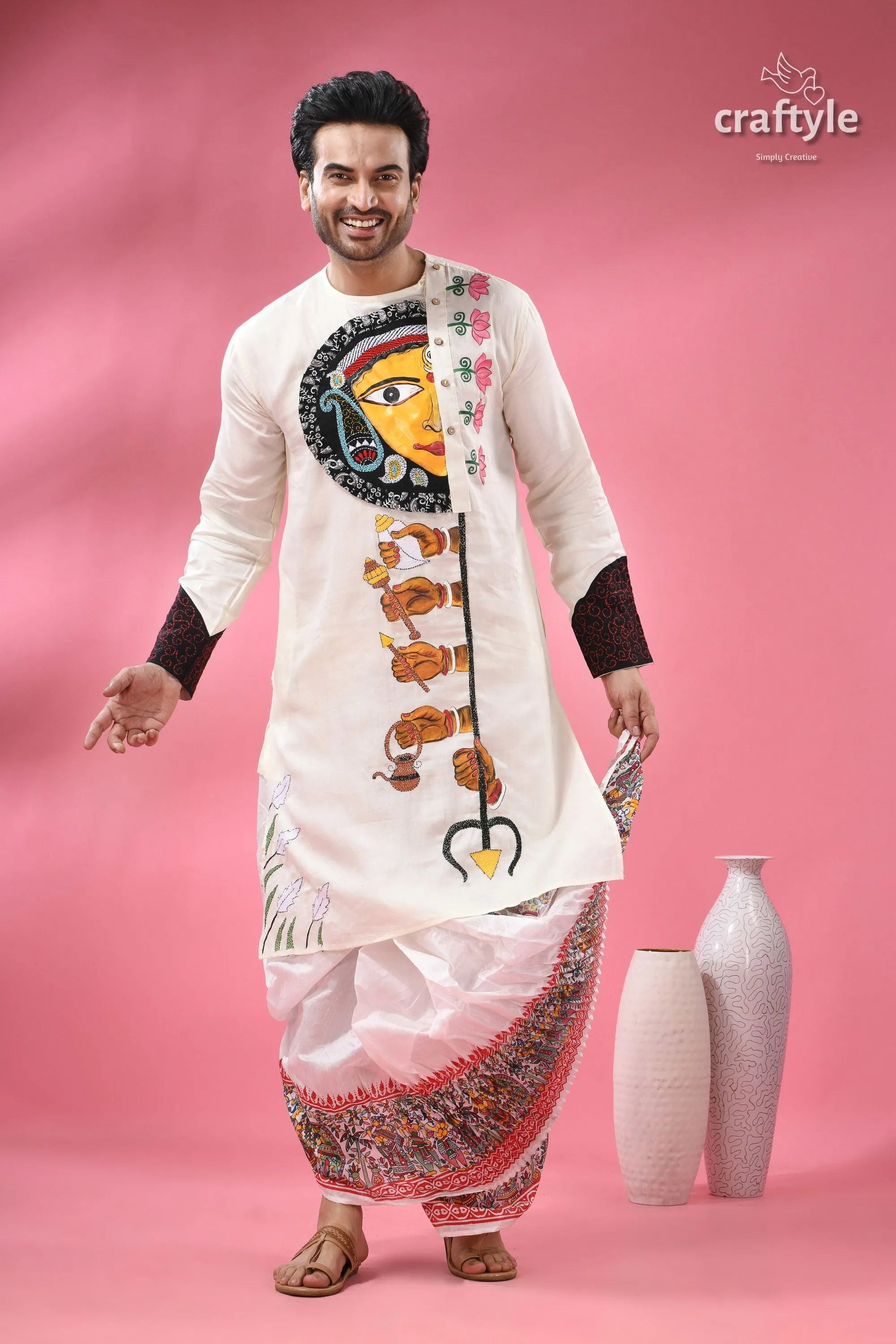 Ma durga theme men’s cotton punjabi - hand painting with kantha stitch men’s white kurta hand-painted artwork 1