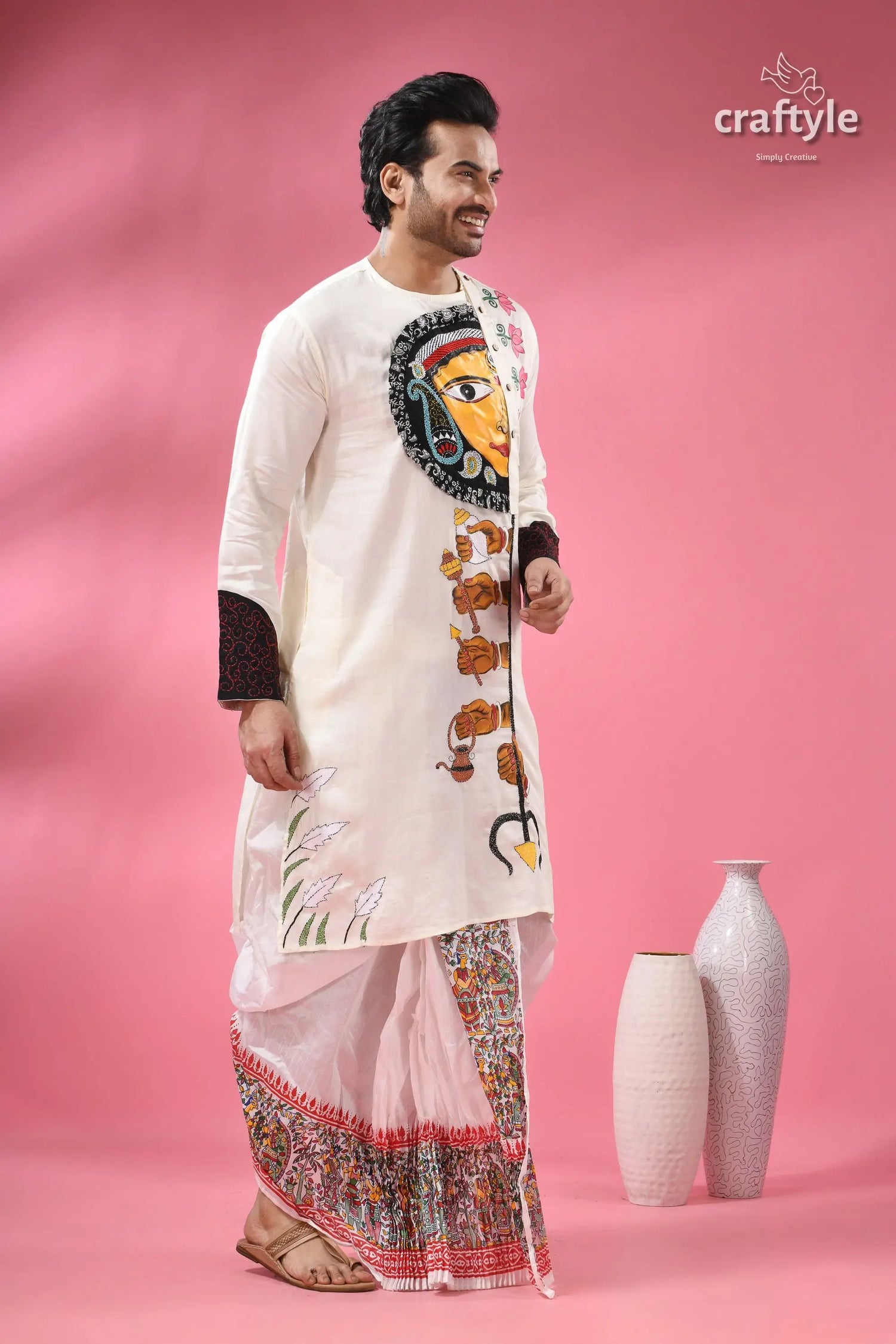 Ma durga theme men’s cotton punjabi hand painting with kantha stitch men’s white kurta intricate hand painted 3