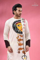 Ma durga theme men’s cotton punjabi hand painting with kantha stitch men’s white kurta traditional indian 2