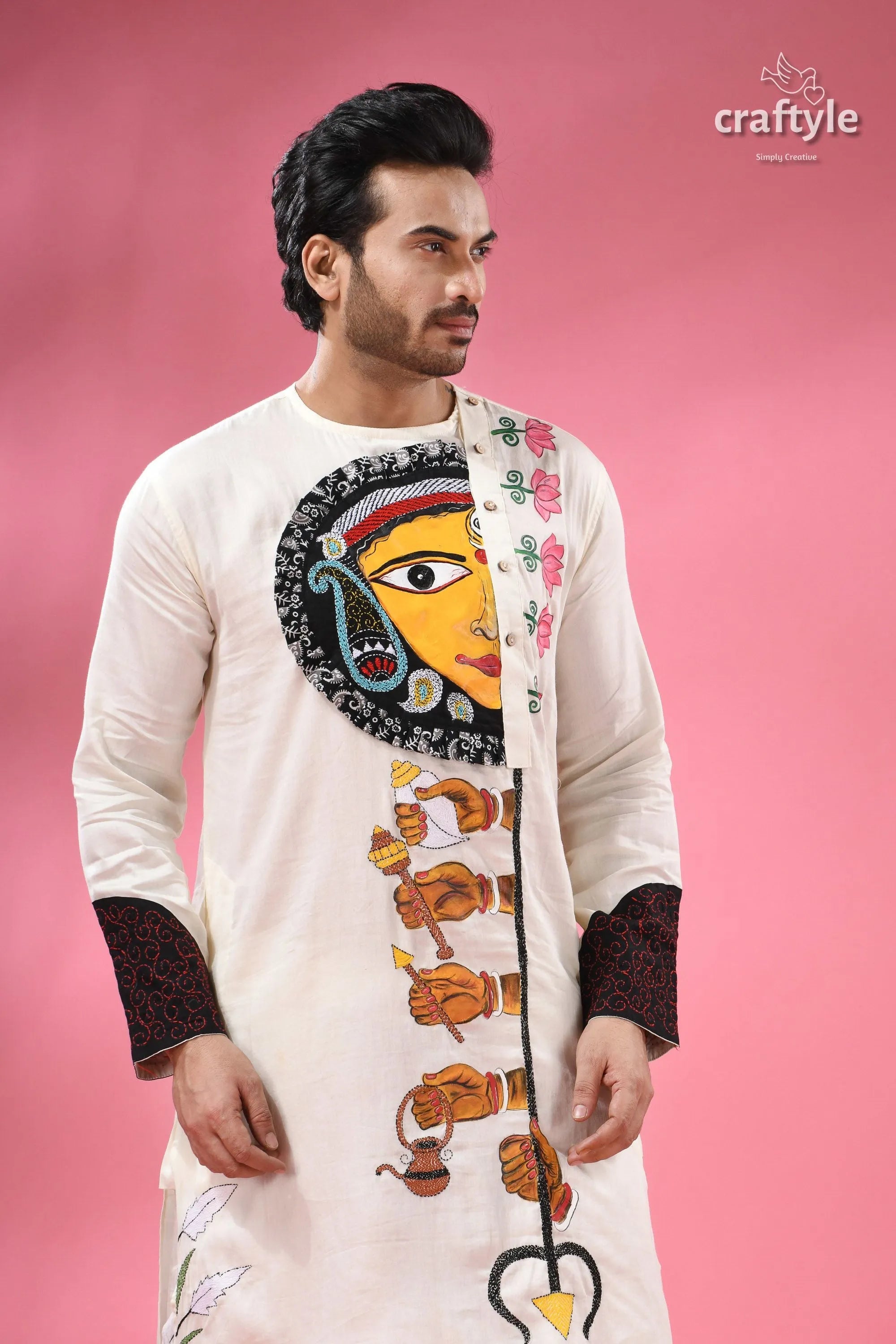 Ma durga theme men’s cotton punjabi - hand painting with kantha stitch men’s white kurta traditional indian 2