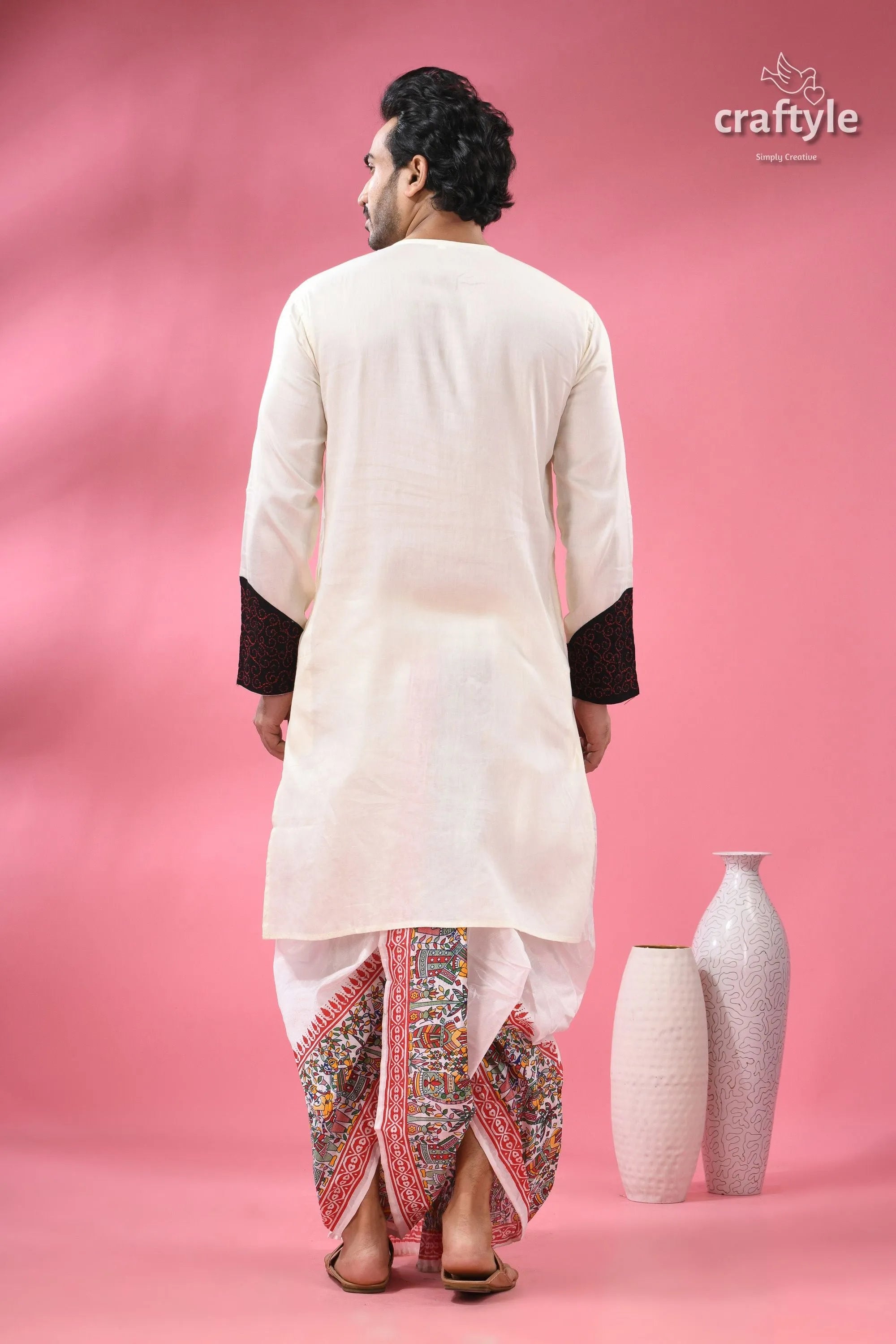 Ma durga theme men’s cotton punjabi - hand painting with kantha stitch men’s off-white kurta dark brown 7