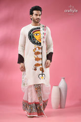 Ma durga theme men’s cotton punjabi hand painting with kantha stitch men’s off white kurta half face painting 6