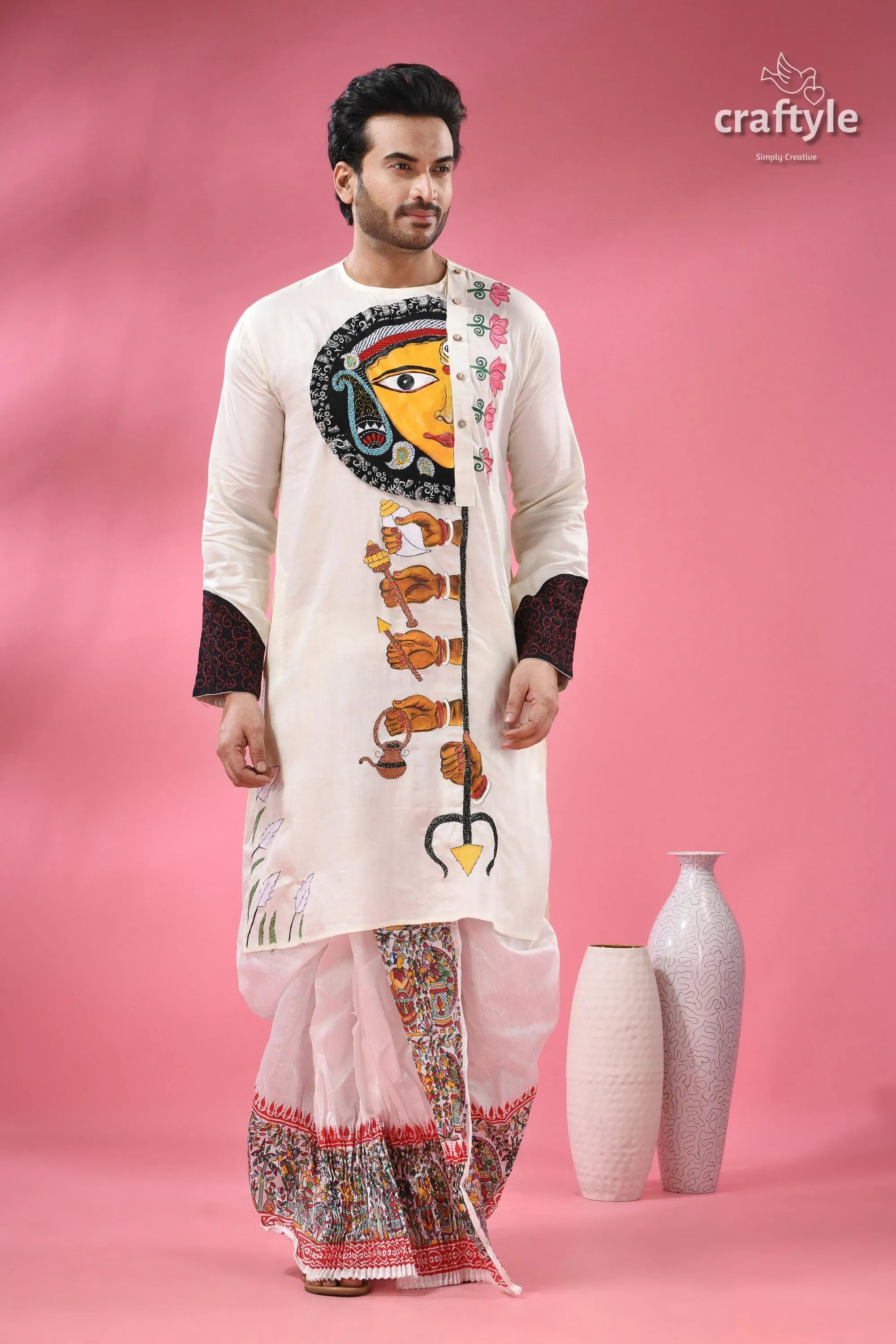 Ma durga theme men’s cotton punjabi - hand painting with kantha stitch men’s off-white kurta half-face painting 6