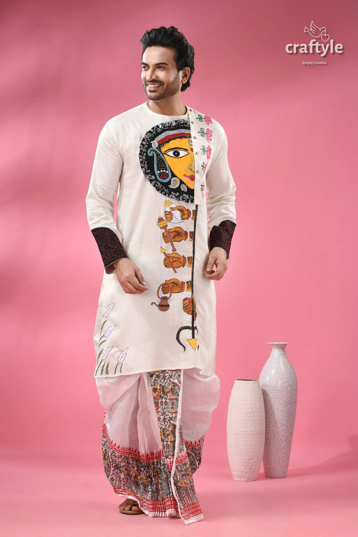 Ma durga theme men’s cotton punjabi hand painting with kantha stitch men’s white kurta colorful hand painted 4
