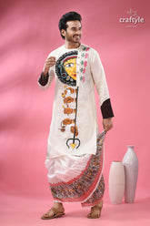 Ma durga theme men’s cotton punjabi hand painting with kantha stitch men’s white kurta painted traditional 5