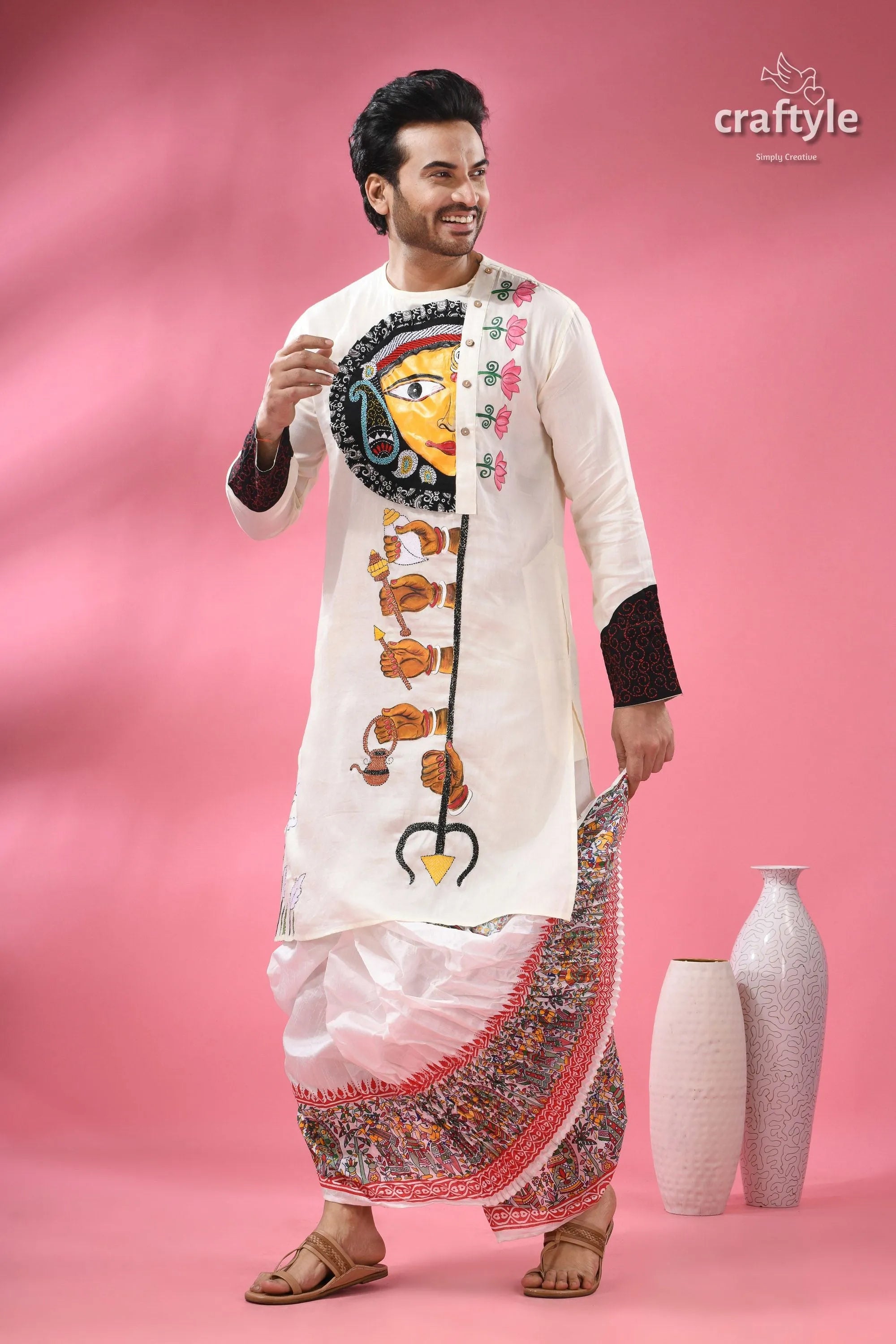 Ma durga theme men’s cotton punjabi - hand painting with kantha stitch men’s white kurta painted traditional 5