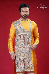 Madhubani design marigold yellow silk kurta for men yellow kurta patterned panel 2