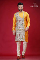 Madhubani design marigold yellow silk kurta for men man’s yellow patterned kurta 3