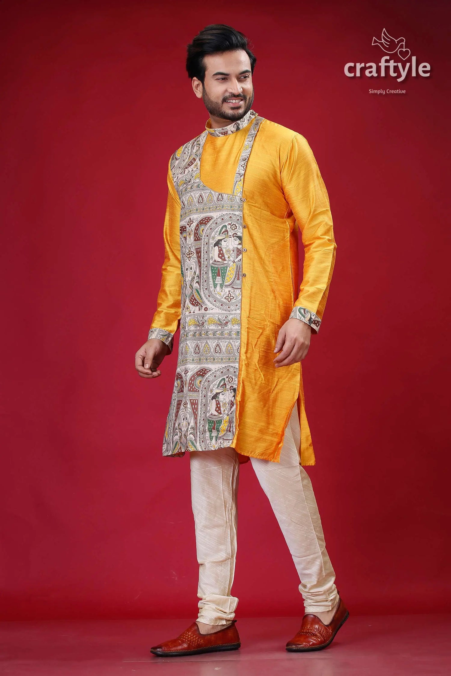 Madhubani design marigold yellow silk kurta for men man yellow kurta cream pants 4