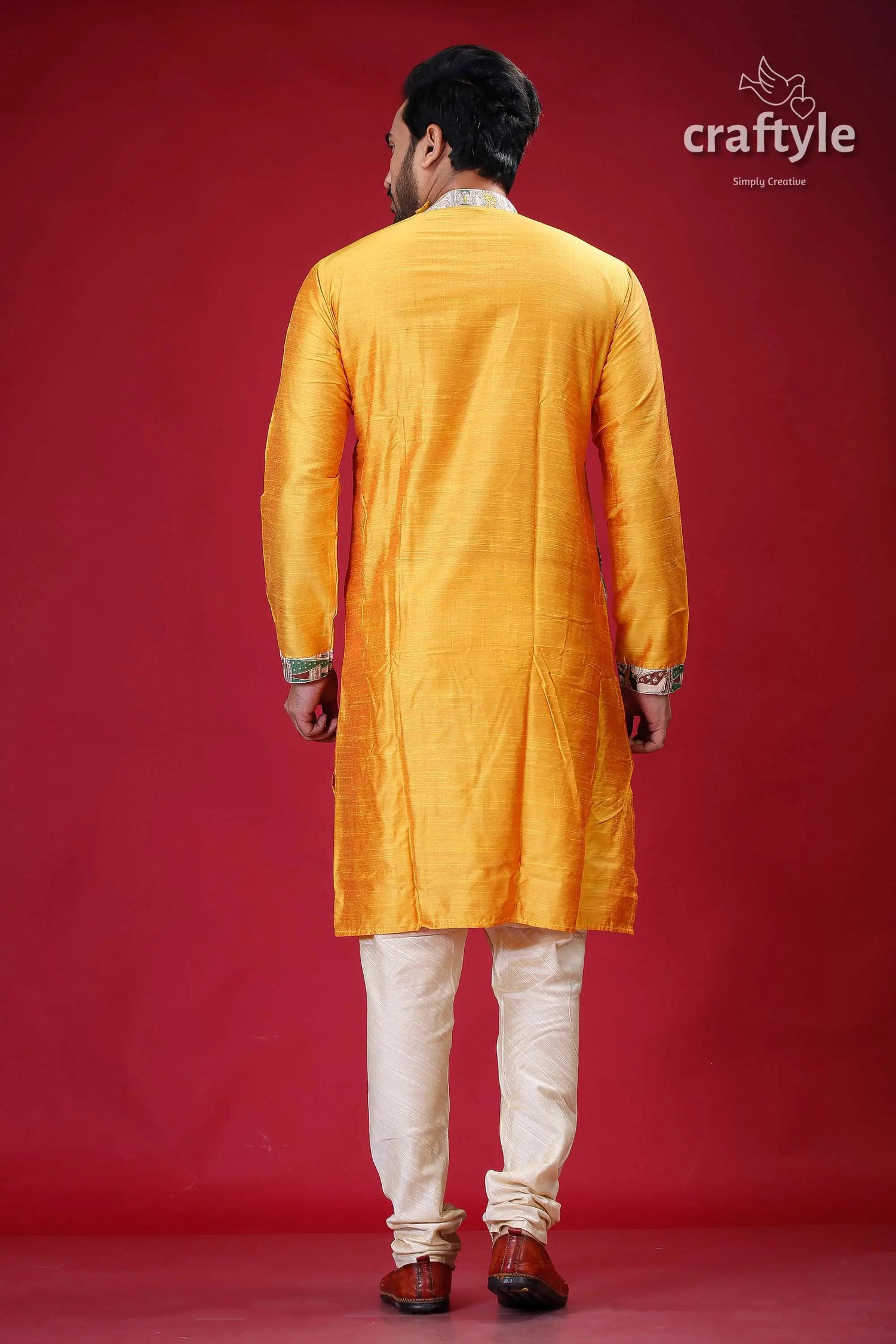 Madhubani design marigold yellow silk kurta for men man yellow kurta white pants 5