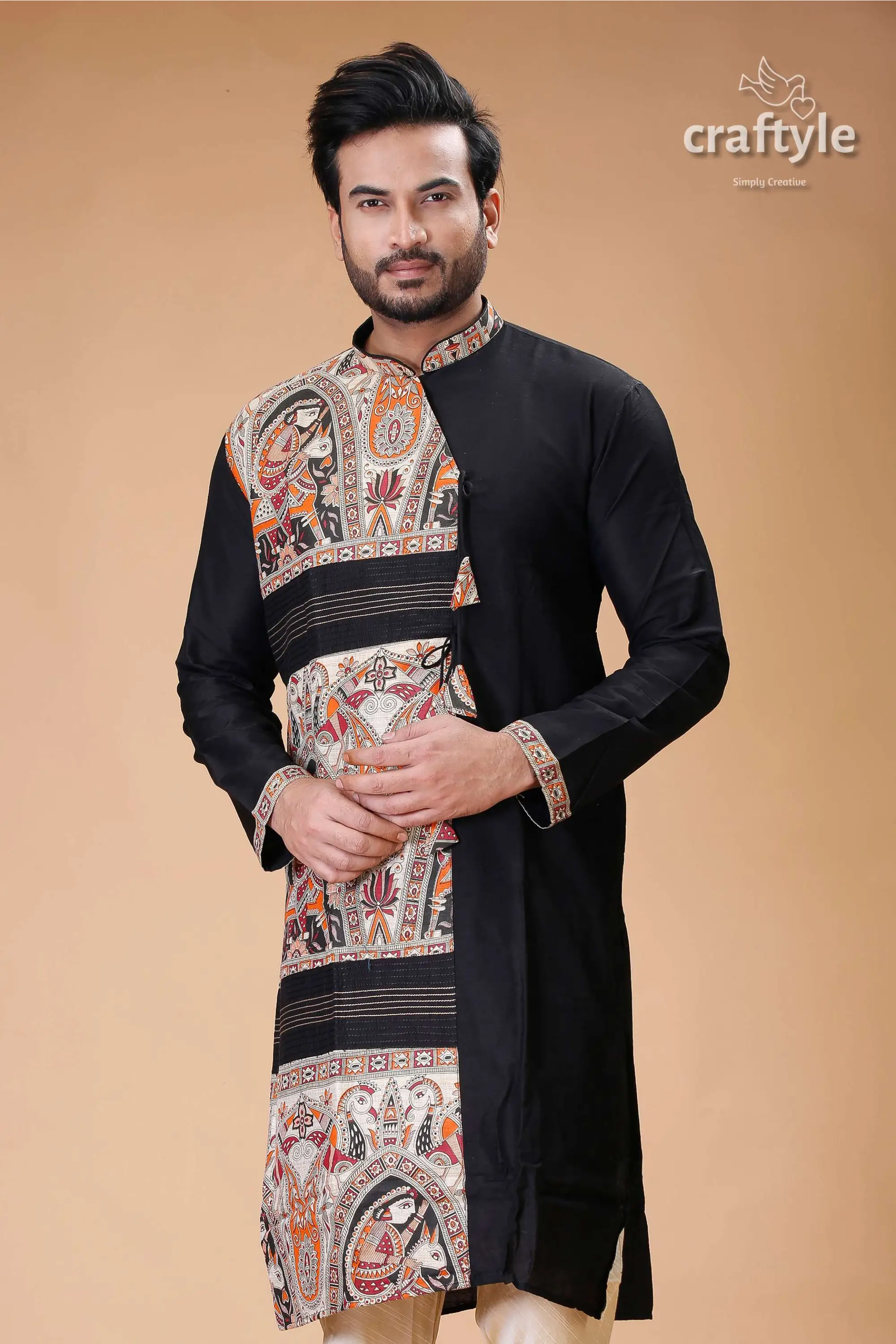 Madhubani design silk kurta for men in elegant ebony black black patterned kurta 2