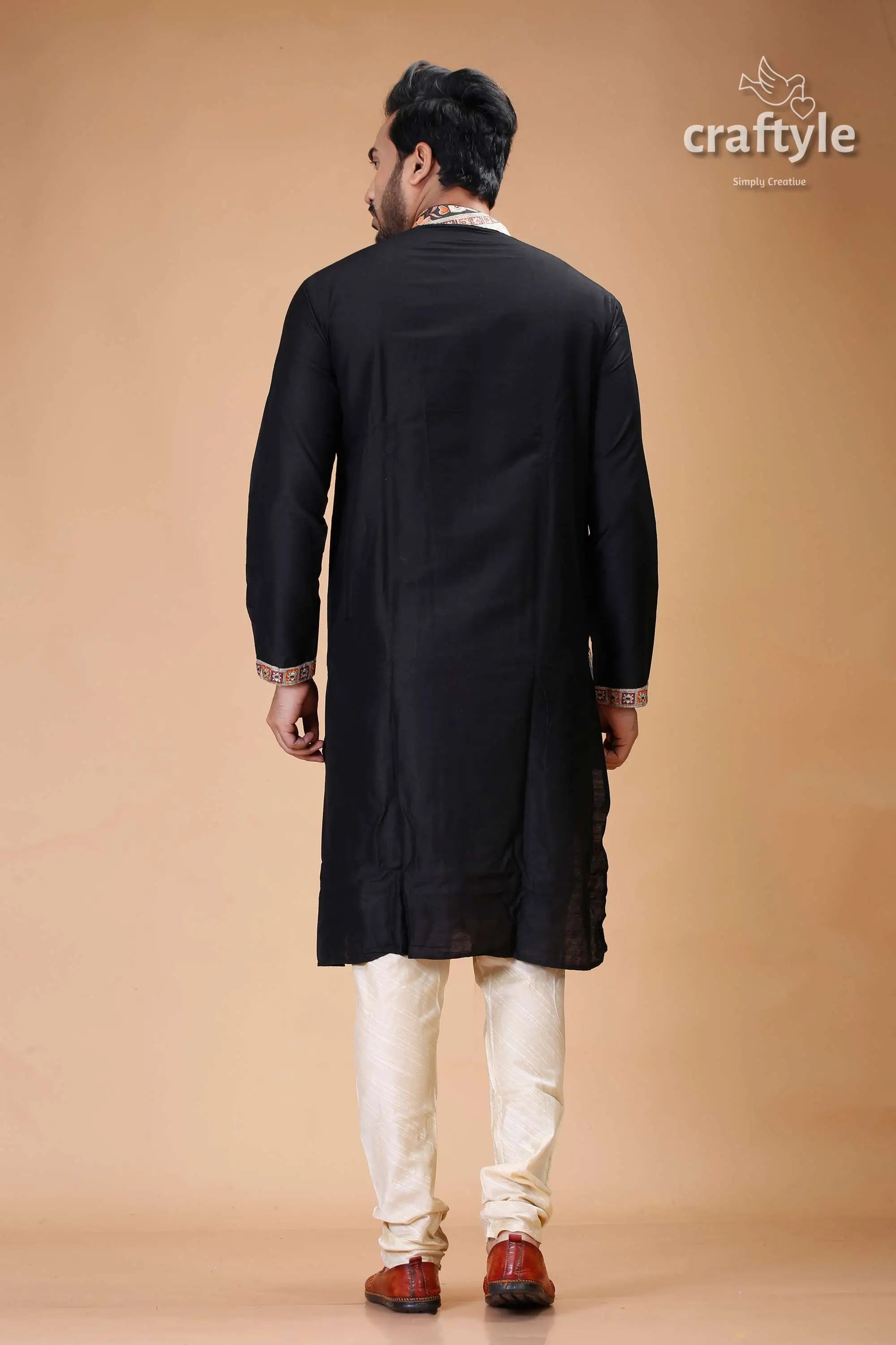Madhubani design silk kurta for men in elegant ebony black black kurta pajama set 5