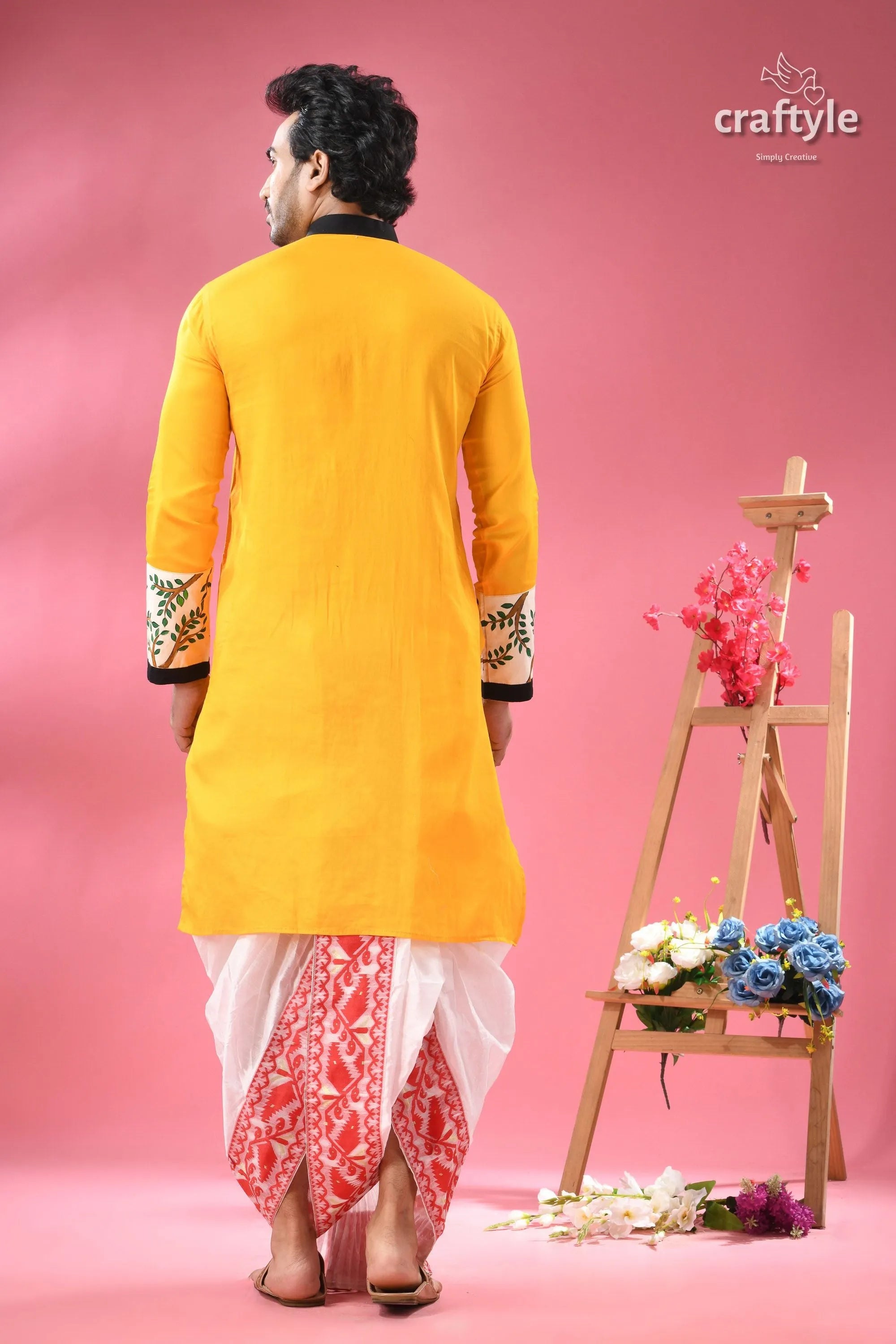 Madhubani hand-painted cotton punjabi for men with kantha embroidery men’s yellow kurta embroidered sleeves 9