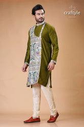 Madhubani silk kurta for men in verdun green stylish ethnic wear olive green kurta painted panel 4