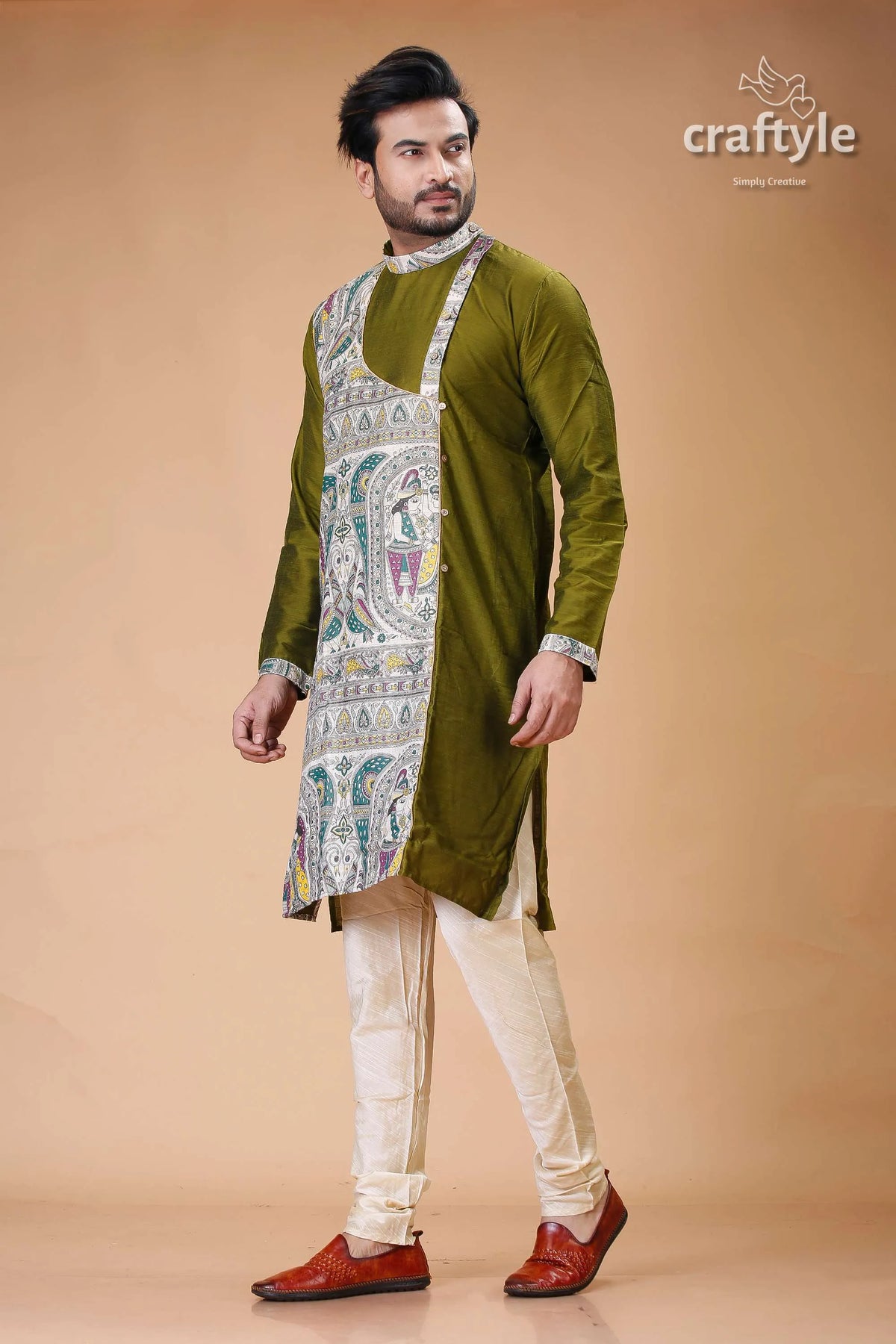 Madhubani silk kurta for men in verdun green - stylish ethnic wear olive painted panel 4