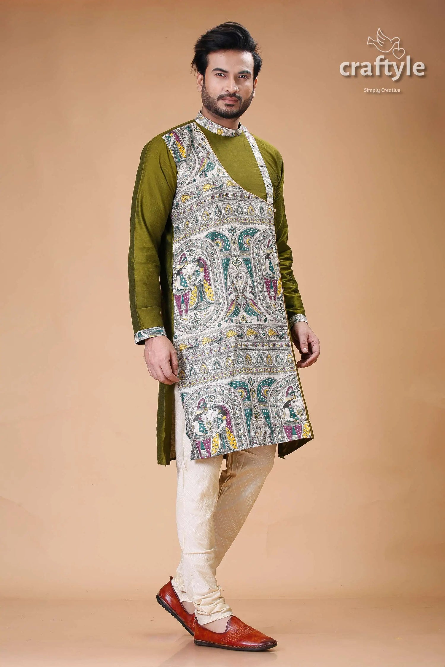Madhubani silk kurta for men in verdun green stylish ethnic wear olive green kurta madhubani print 3
