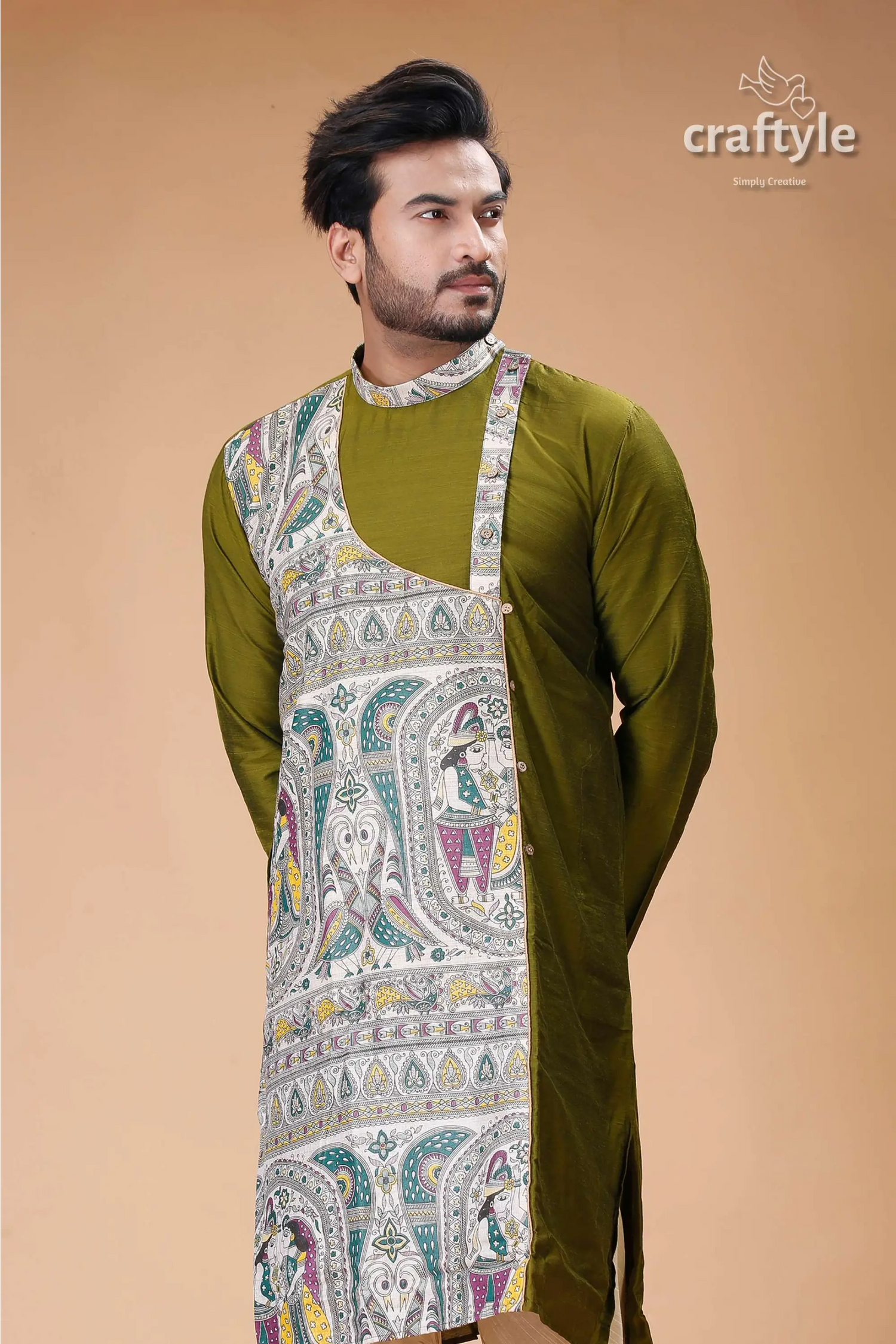 Madhubani silk kurta for men in verdun green stylish ethnic wear olive green kurta painted design 2