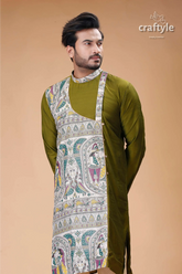 Madhubani silk kurta for men in verdun green stylish ethnic wear olive green kurta painted design 2