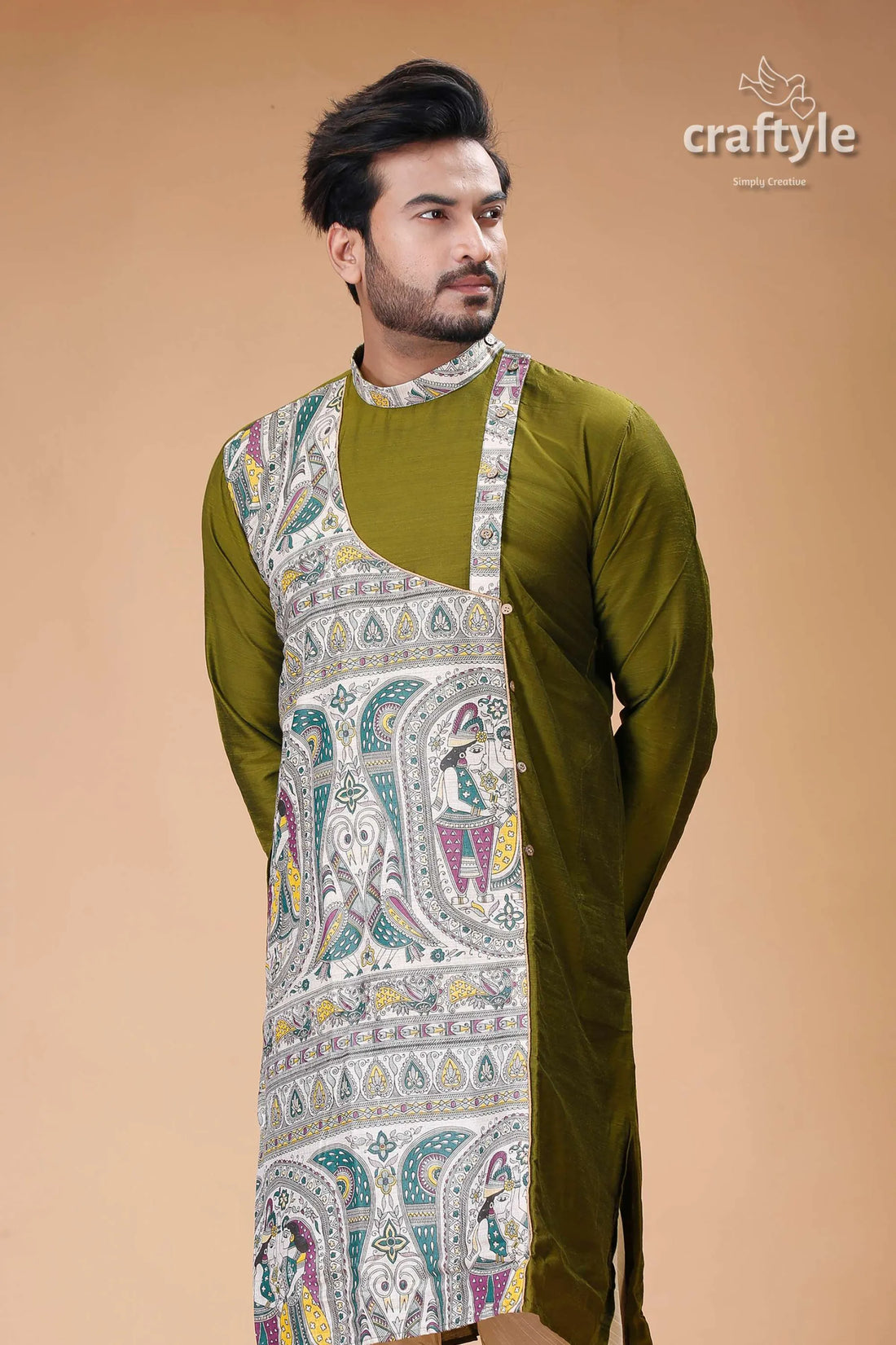 Madhubani silk kurta for men in verdun green - stylish ethnic wear olive painted design 2