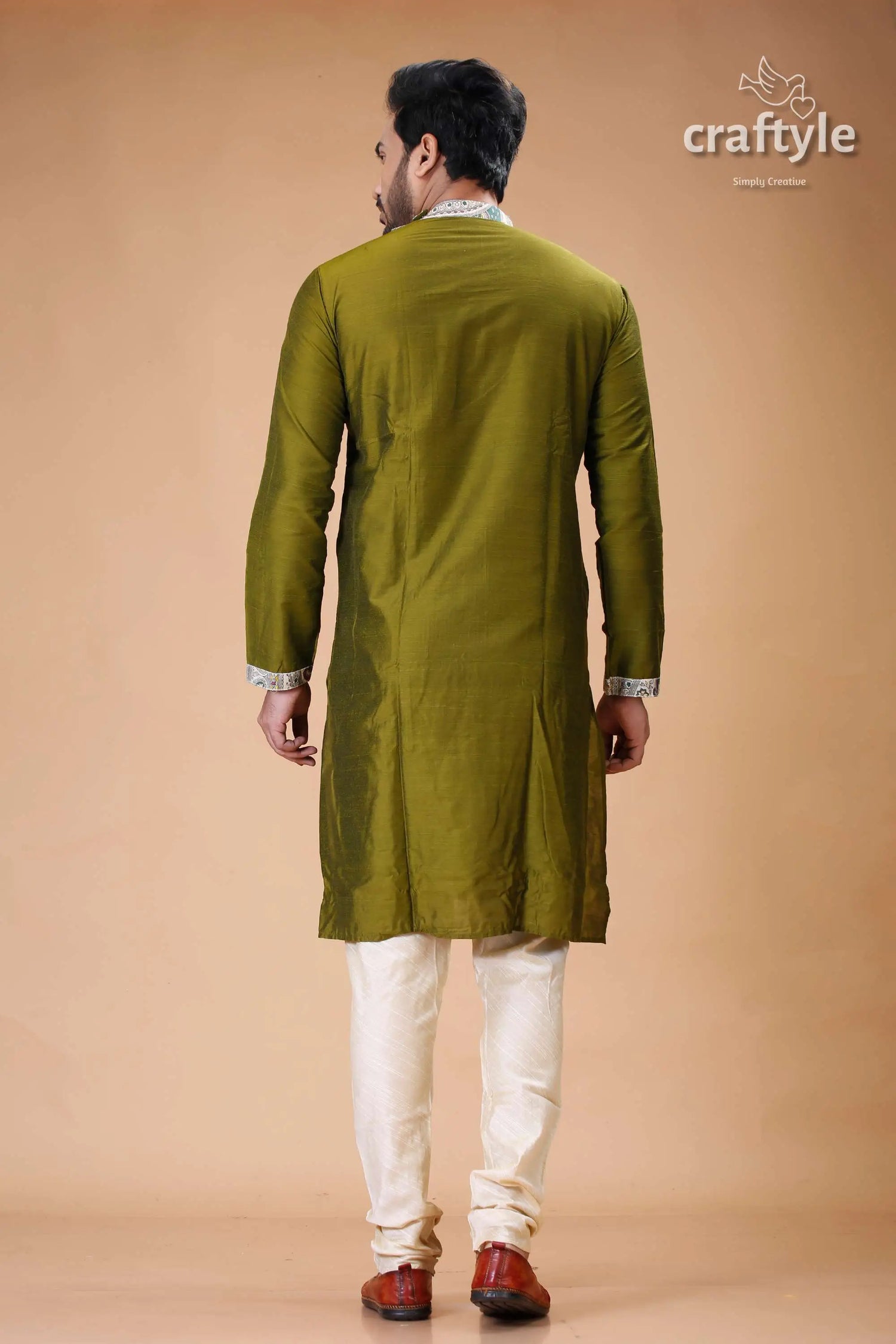 Madhubani silk kurta for men in verdun green stylish ethnic wear olive green kurta pajama set 5