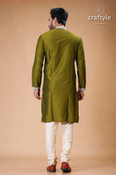 Madhubani silk kurta for men in verdun green stylish ethnic wear olive green kurta pajama set 5