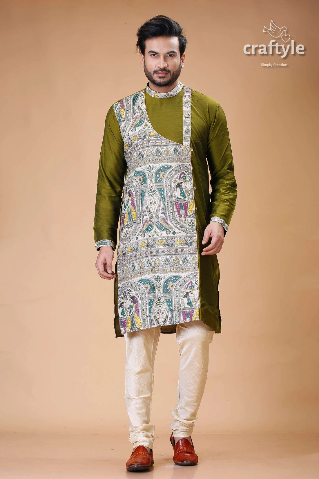 Madhubani silk kurta for men in verdun green - stylish ethnic wear olive printed panel 1