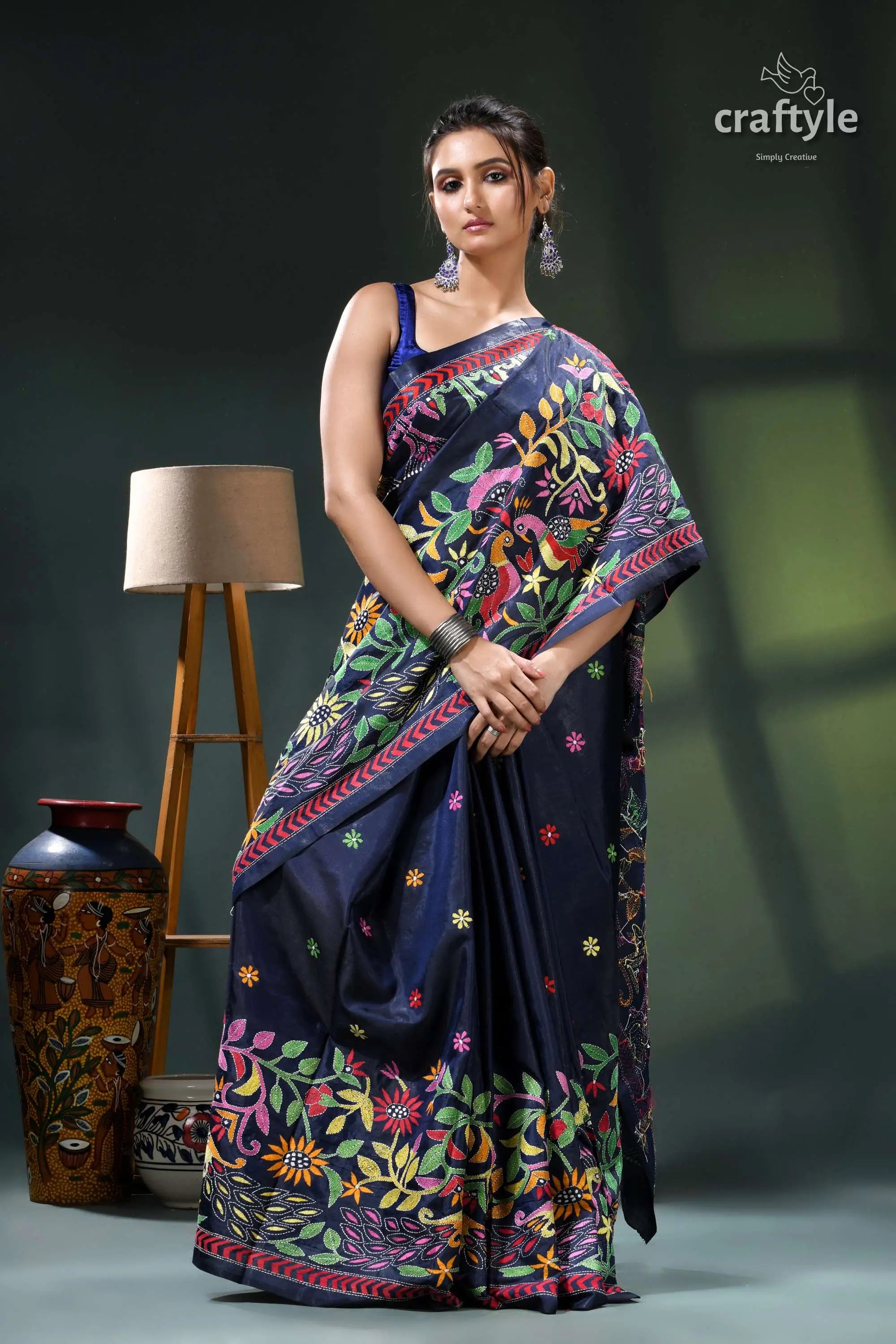 Madison blue peacock motif silk kantha embroidery saree navy blue saree floral embroidery 4