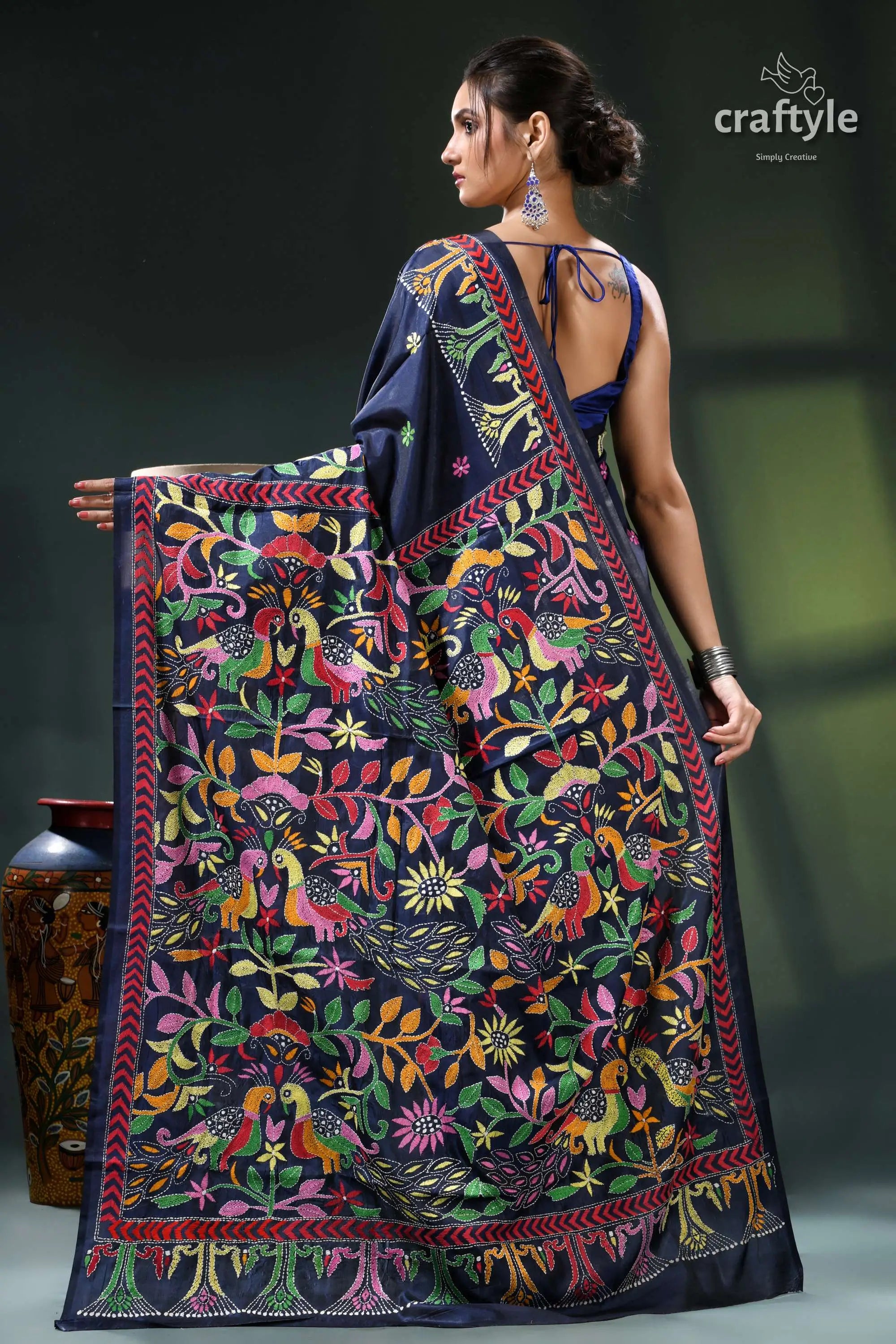 Madison blue peacock motif silk kantha embroidery saree navy blue saree vibrant floral 5