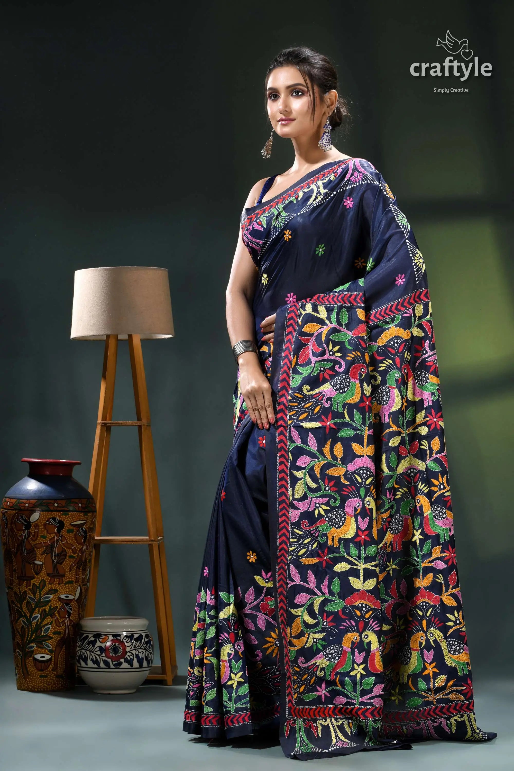 Madison blue peacock motif silk kantha embroidery saree navy blue saree colorful bird 3