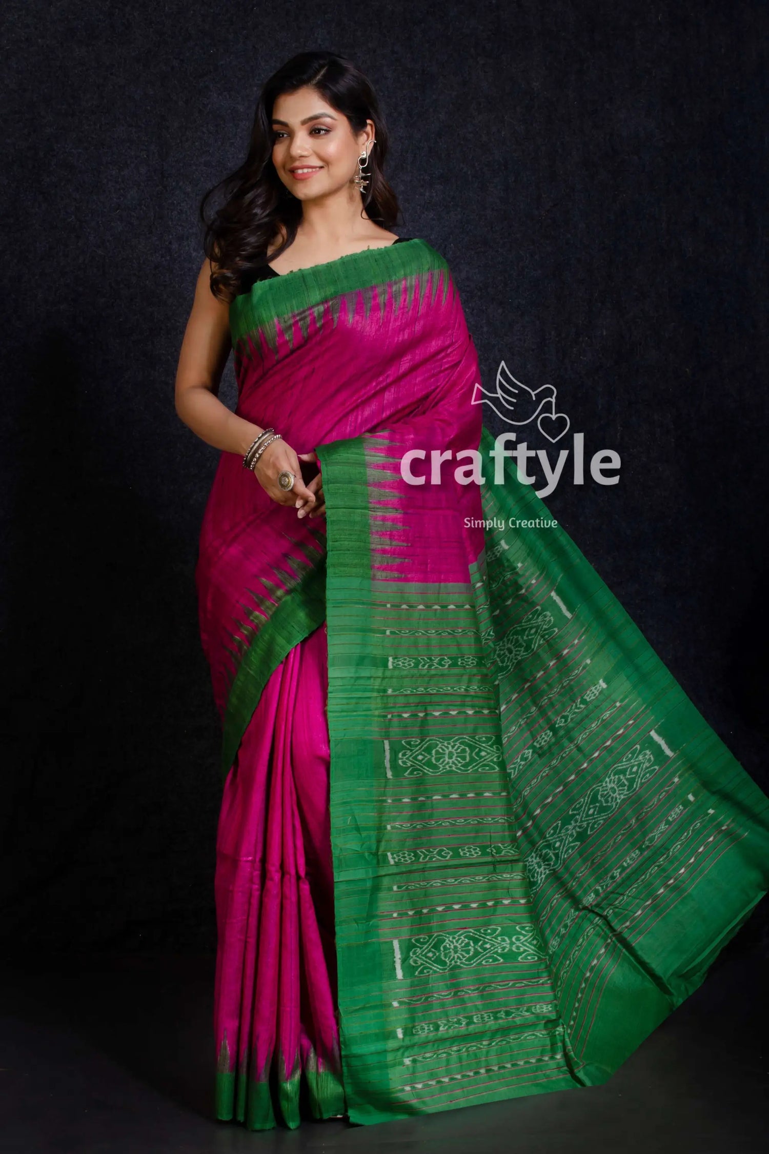 magenta-and-green-handwoven-sambalpuri-ikat-ghicha-tussar-silk-saree
