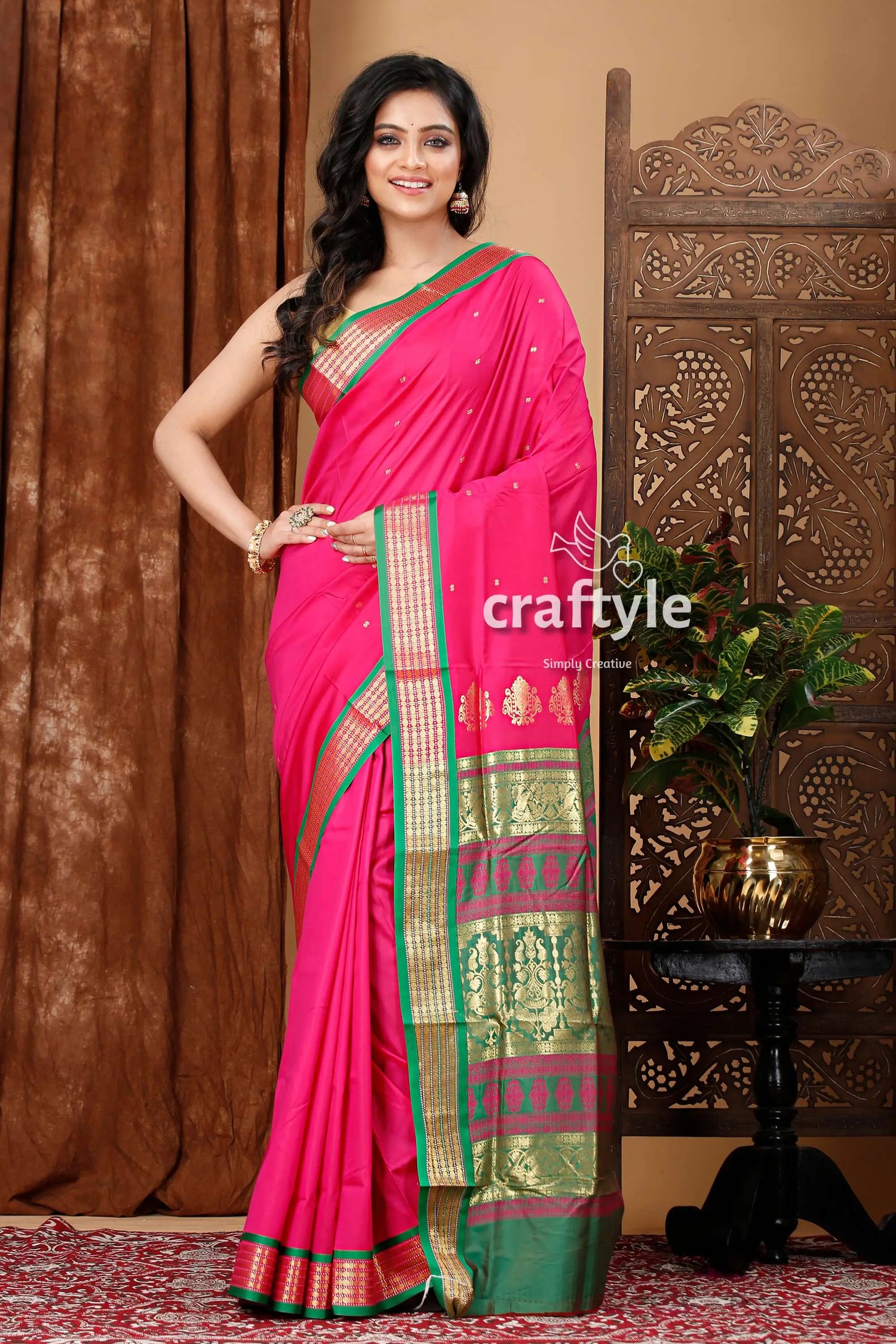 Magenta and green zari border bomkai silk saree pink saree green gold border 1