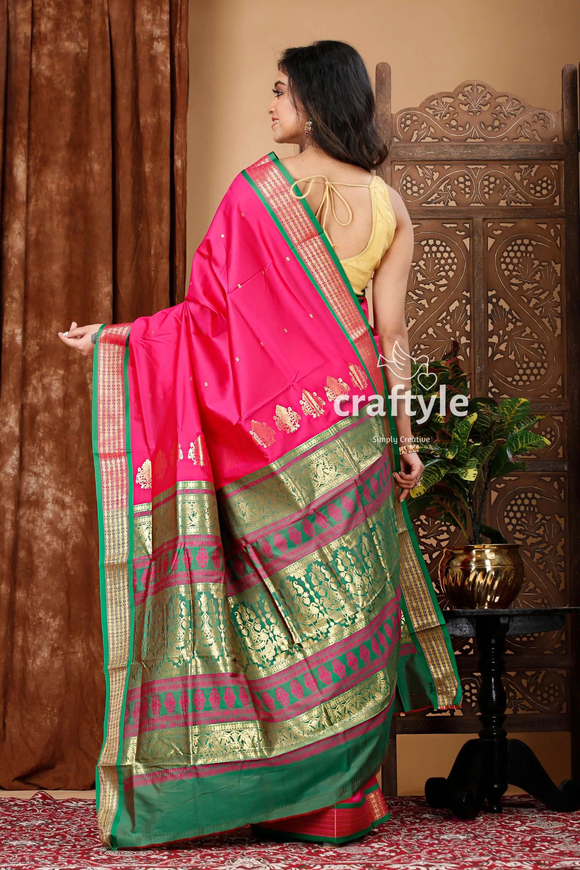 Magenta and green zari border bomkai silk saree pink green silk saree 5