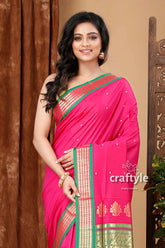 Magenta and green zari border bomkai silk saree pink saree green gold border 2