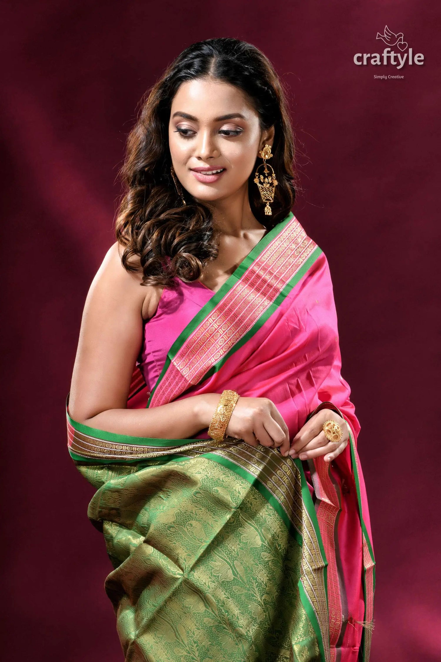 Magenta and green zari border exclusive bomkai silk saree pink green silk saree 2