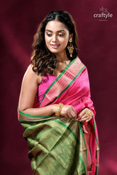 Magenta and green zari border exclusive bomkai silk saree pink green silk saree 2