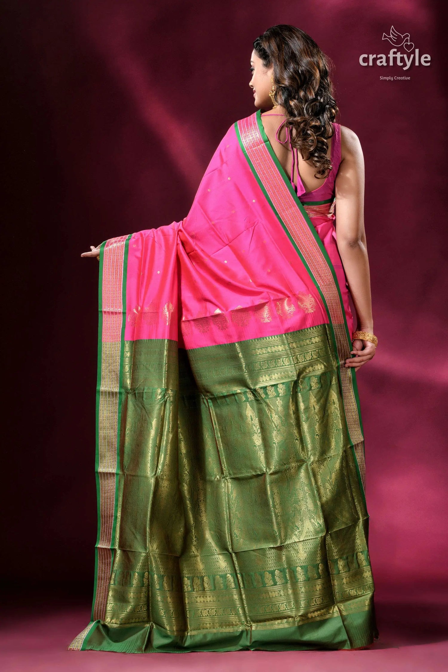Magenta and green zari border exclusive bomkai silk saree pink green silk saree 5